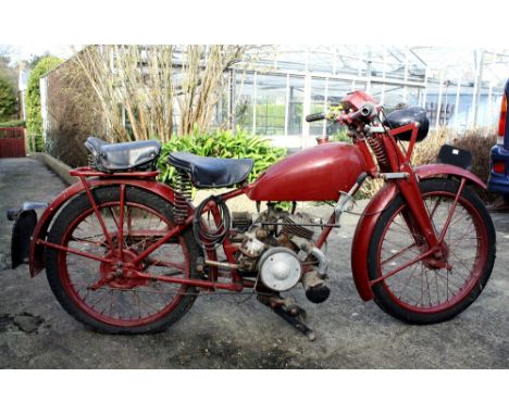 A 1930s vintage James motorcycle for restoration, with Villiers engine, gear change to side of tank, red paint finish. * Sold