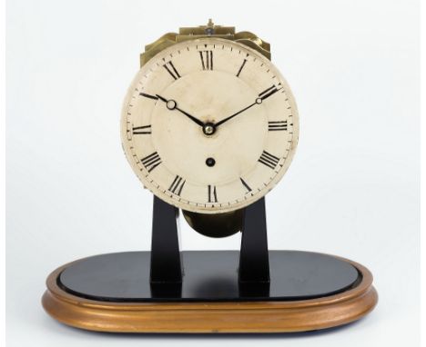 A single fusee mantel clock, the Victorian movement with 6in. white painted Roman dial, mounted on a black lacquered mount on