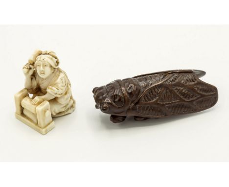 A Japanese carved horn netsuke, Meiji period (1868-1912), modelled as cicada, 2½in. (6.4cm.) long; together with an ivory net