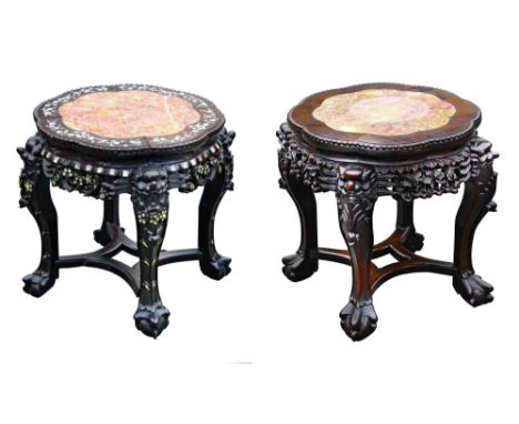 Two Chinese carved hardwood low tables, late 19th century, one with scalloped bead work edge with pink variegated marble inse