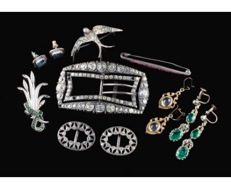 A small collection of antique and vintage silver jewellery, including green paste drop earrings; a Georgian paste shoe buckle