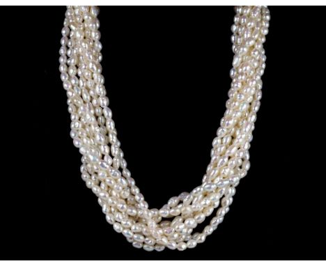 A freshwater pearl choker necklace with 18ct gold clasp, the ten rows of small freshwater pearls with an 18ct yellow gold bal