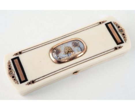 An early 19th century ivory toothpick case, oblong form, inlaid with rose gold and tortoiseshell decoration, the central oval