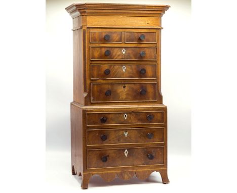 A Channel Islands apprentice piece miniature mahogany chest on chest, mid-19th century, the stepped cornice with concealed st
