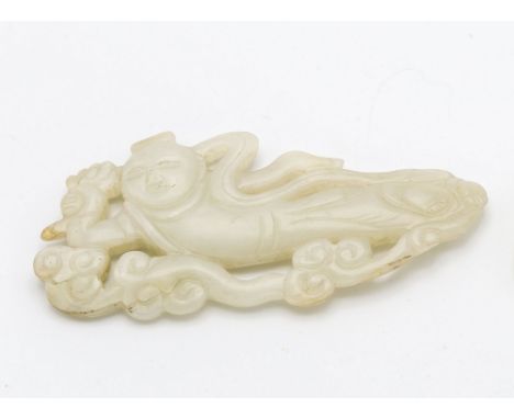 A Chinese carved and pierced white jade apsara pendant, possibly Ming period, the female spirit of the clouds depicted in fli