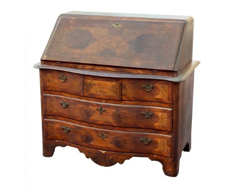 A South German 18th century burr and figured walnut bureau, c.1770, with serpentine front, the fall, sides and drawers with f