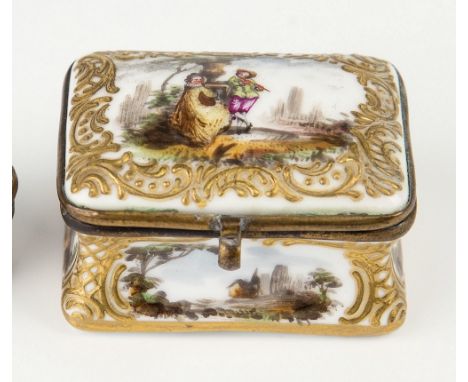 A Meissen style porcelain patch box, 19th century, rectangular form, domed hinged lid with Watteau-esque scene to centre with
