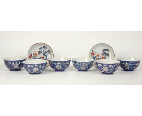 A matched set of six Chinese enamelled porcelain bowls, early to mid 20th century, bearing printed iron red four character Qi