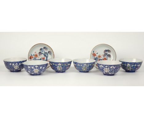 A matched set of six Chinese enamelled porcelain bowls, early to mid 20th century, bearing printed iron red four character Qi