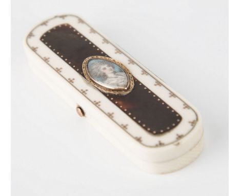 A Regency ivory tooth pick box, oblong form, with tortoiseshell panel to hinged lid augmented by a centralised oval portrait 