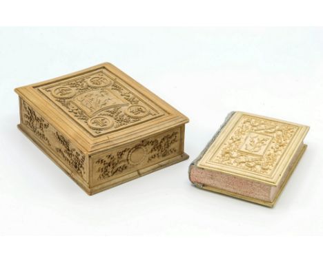 A Chinese book and case, the book in light wood soft covers joined by silk spine, with relief carved central rectangular pane