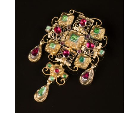 An Indian rolled gold on silver, enamel and stone set pendant, early 20th century, the pierced enamel and square domed settin