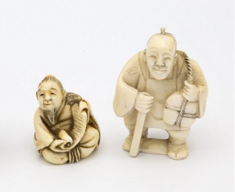 Two Japanese carved ivory netsukes, Meiji period (1868-1912), comprising a seated sage with a scroll, 3cm. high; and a old ma