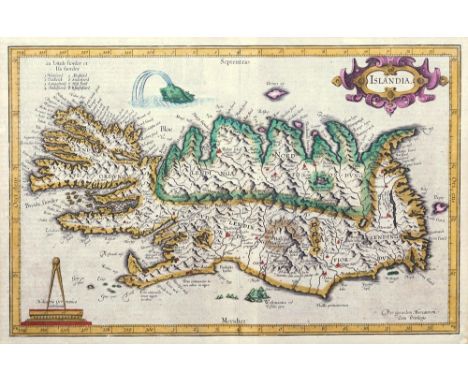 Gerard Mercator (1512-1594), Islandia, (Iceland), 1595 or later, hand coloured engraved map, title cartouche, scale surmounte