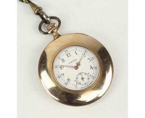 A Swiss gold plated fob watch by Normal, early 20th century, of slim counter form, 29mm. enamelled Arabic dial signed 'Normal
