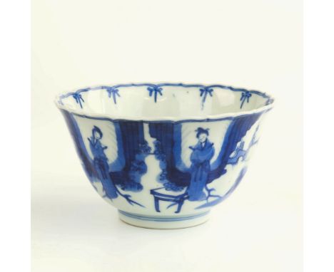 An 18th century Chinese blue and white porcelain bowl, Yongzheng mark and of the period (1723-35), twelve lobed form with eve