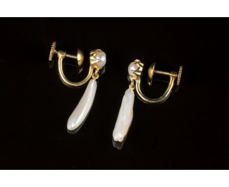 A pair of 18ct yellow gold and pearl drop earrings, mid-20th century, the elongated baroque pearl drops suspended from a sing