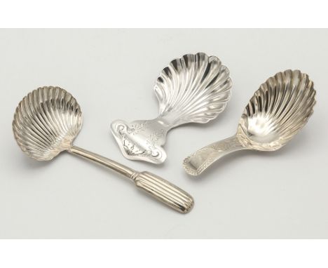 Two George III silver shell bowl caddy spoons, one by Josiah Snatt, London 1806, with bright cut handle; the other by William