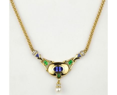 An 18ct yellow gold, Tanzanite, Tsavorite, pearl and diamond necklet, en suite to lot 820, the main oval setting with collet 