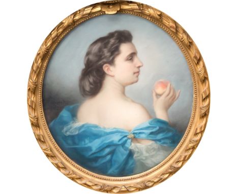 Alphonse Muraton (French, 1824-1911), Portrait of a young woman holding a peach, oval pastel, signed centre right 'A Muraton'