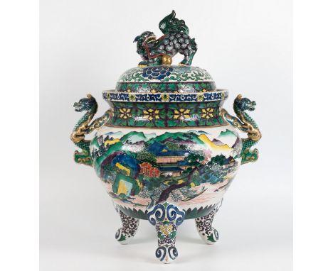 An extremely large Chinese porcelain famille verte censer, 19th century, with twin dragon handles, ruyi fungi and scroll deco