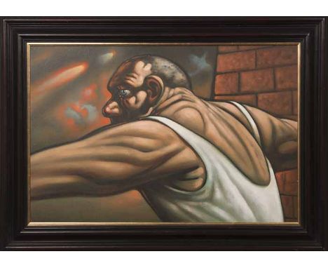 * PETER HOWSON OBE,
THE MAN WHO MEANT BUSINESS 
oil on canvas, signed, 
61cm x 92cm 
Framed