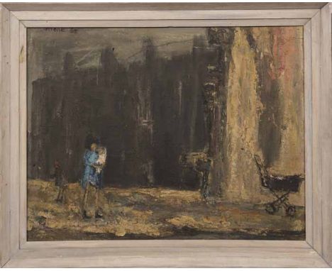 * HERBERT WHONE (BRITISH 1925 - 2011), 
TENEMENT LIFE 
oil on canvas, signed and dated 1962 
51cm x 66cm 
Framed 
Note: A stu