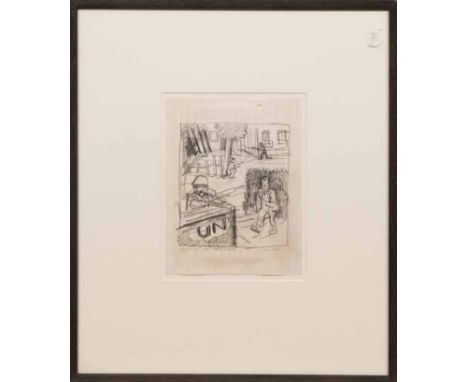 * PETER HOWSON OBE,
BATTLE IN TRAVINK 1994
pencil on paper, signed and titled 
20cm x 16cm 
Mounted, framed and under glass 
