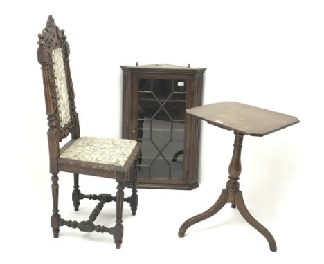 19th century oak wall hanging corner cabinet with astragal glazed door (W58cm, H84cm, D34cm) an oak tripod table and a carved