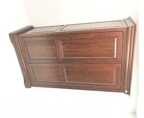 French cherry wood double wardrobe, projecting cornice, two doors enclosing single shelf and hanging rail, shaped plinth base