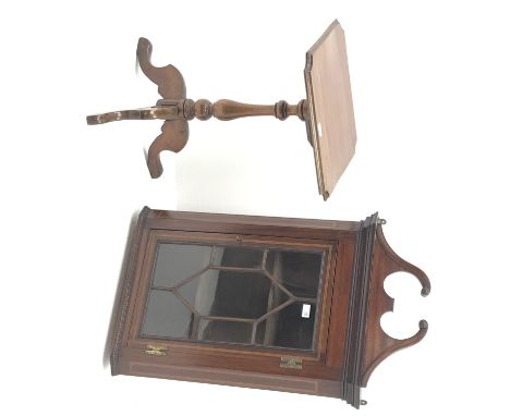 Small Edwardian inlaid mahogany corner cabinet, H97cm W60cm, and a Victorian tripod table with rectangular mahogany top, W45c