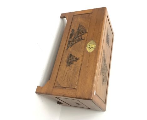 Mid century Hong Kong camphor wood blanket chest, carved nautical scenes, hinged lid with clasp, shaped bracket supports, W10