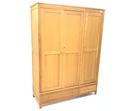 Light oak triple combination wardrobe, three doors above one long and one short drawer, stile supports, W153cm, H204cm, D55cm