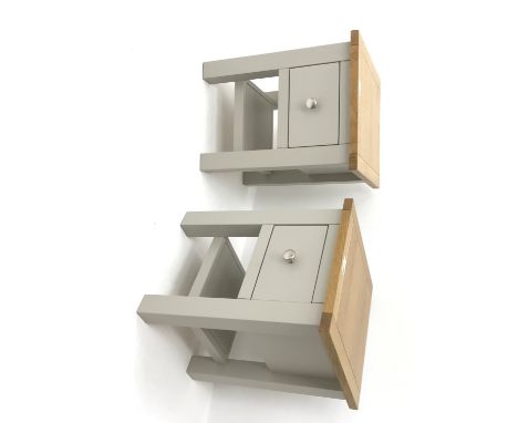 Pair painted and light oak bedside cabinets, single drawer, square supports joined by an undertier, W36cm, H46cm, D36cm Condi