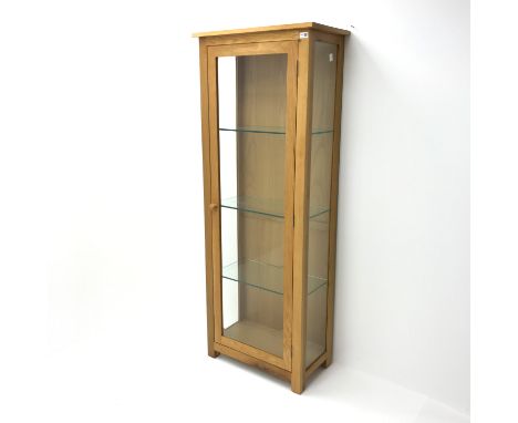 Solid light oak display cabinet, single door, three glazed shelves, W65cm, H171cm, D35cm Condition Report Click here for furt