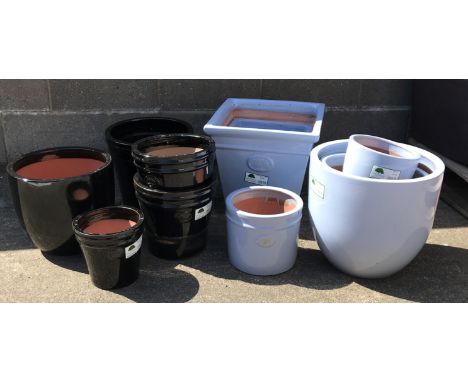 Four traditional graduating glazed ceramic square tapering planters, four egg plant pots and six other pots (15) Condition Re