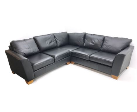 Mark's & Spencer's Home corner sofa upholstered in black leather, W258cm, D258cm Condition Report Click here for further imag