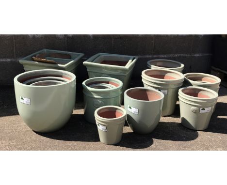Six graduating square tapering glazed ceramic planters, five egg pots, five traditional pots and four tapering pots (20) Cond