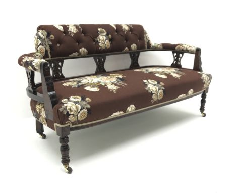 Late Victorian walnut framed settee, button upholstered in vintage Sanderson Langley fabric with floral bouquets on chocolate