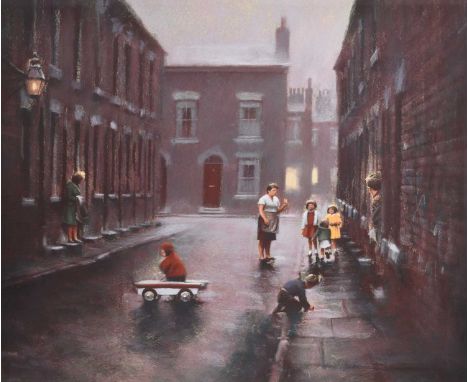 ARR Marc Grimshaw (b.1957) Northern Street Scene with Children Playing, signed lower left, pastel, 40 x 50 cm, frame 63 x 71 