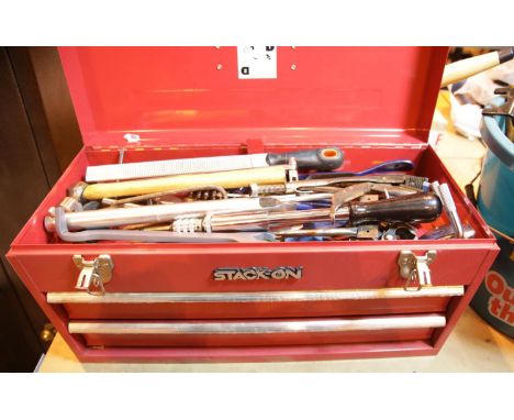 Stack on red metal toolbox with lifting lid and two drawers with tool content. This lot is not available for in-house P&amp;P