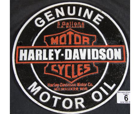 Cast iron Harley Davidson Oil plaque, D: 24 cm. P&amp;P Group 2 (£18+VAT for the first lot and £2+VAT for subsequent lots) 