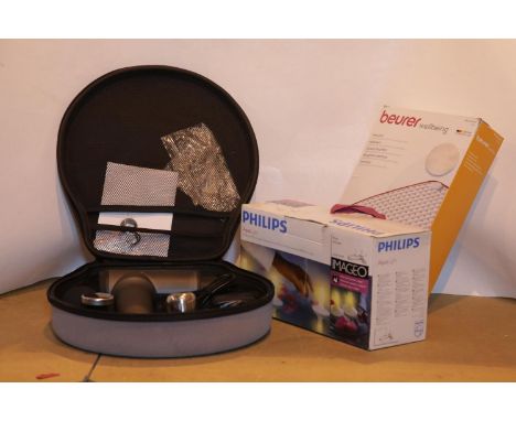 Boxed Phillips Aqualight, Beurer heat pad and a cased mini self massage machine. P&amp;P Group 2 (£18+VAT for the first lot a