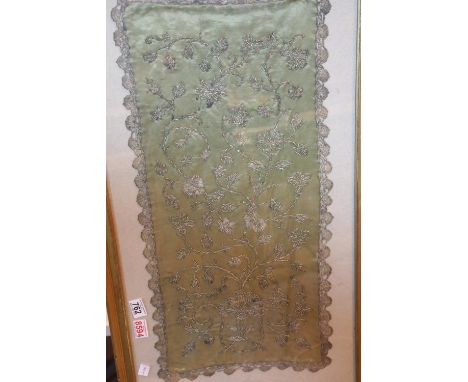 Framed and glazed Victorian embroidered table runner, 30 x 60 cm. This lot is not available for in-house P&amp;P, please cont