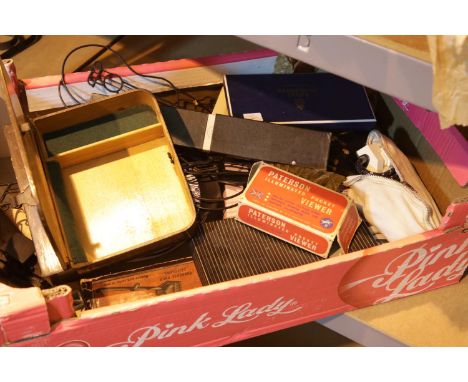 Box of mixed household items including ceramics, a slide rule etc. P&P Group 2 (£18+VAT for the first lot and £2+VAT for subs