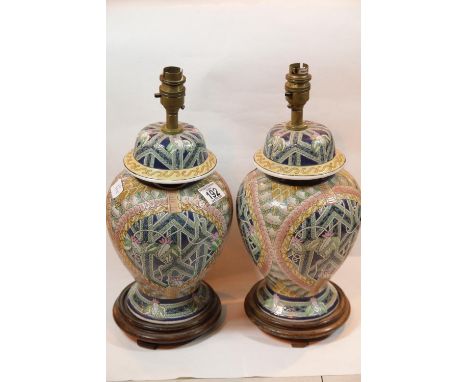 Pair of Oriental Imari type glazed ceramic table lamps, requires rewiring. P&P Group 2 (£18+VAT for the first lot and £2+VAT 