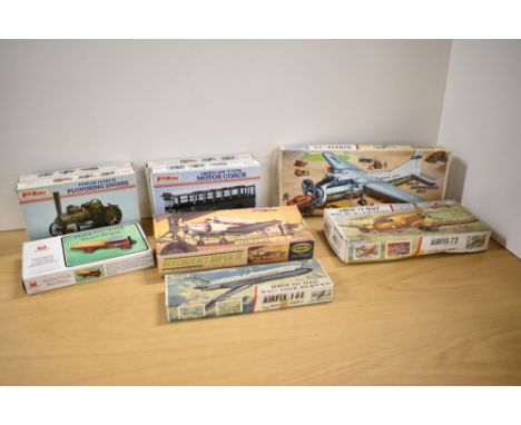 Four plastic model Kits, Airfix 1:72 scale Superfreighter &amp; Douglas Dakota, 1:144 scale BAC One Eleven and Aurora Beechcr