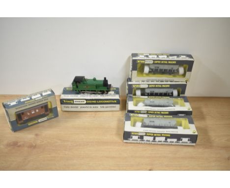 A Wrenn 00 gauge 2206 BR 0-6-0 Tank Engine 31340 along with five Wagons, W4644 Hopper x4 and W4311P Guards Van, all boxed wit
