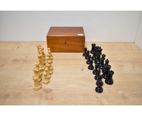 A J Jaques &amp; Son Ltd Staunton Chessmen Boxwood and Ebony Chess Set, in original mahogany box with label inside, height of