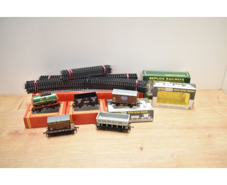 Five 00 gauge Wagons, Wrenn W5022A Banana Van, W5068 Charringtons 21T Hopper, Hornby R127 Castrol Tank Wagon, R142 Evans &amp
